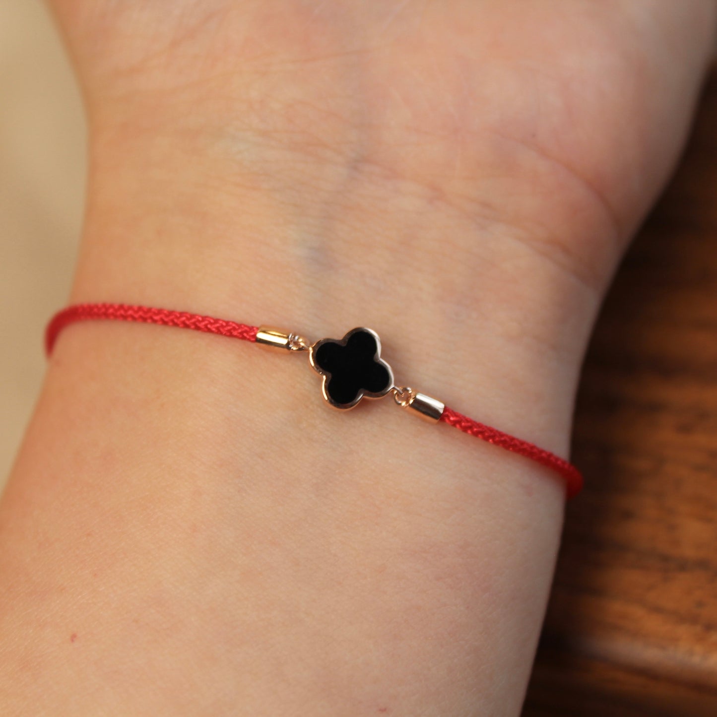 14K Solid Rose Gold Double-Sided Clover Red Bracelet