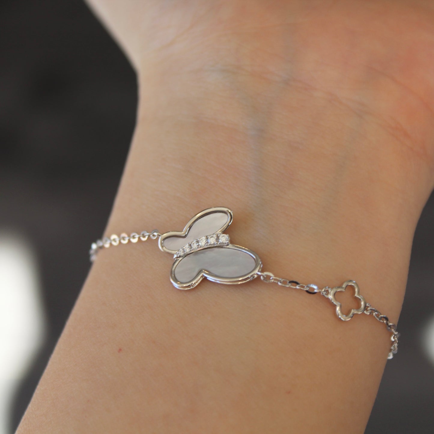 Butterfly Mother of Pearl Bracelet, Silver Color