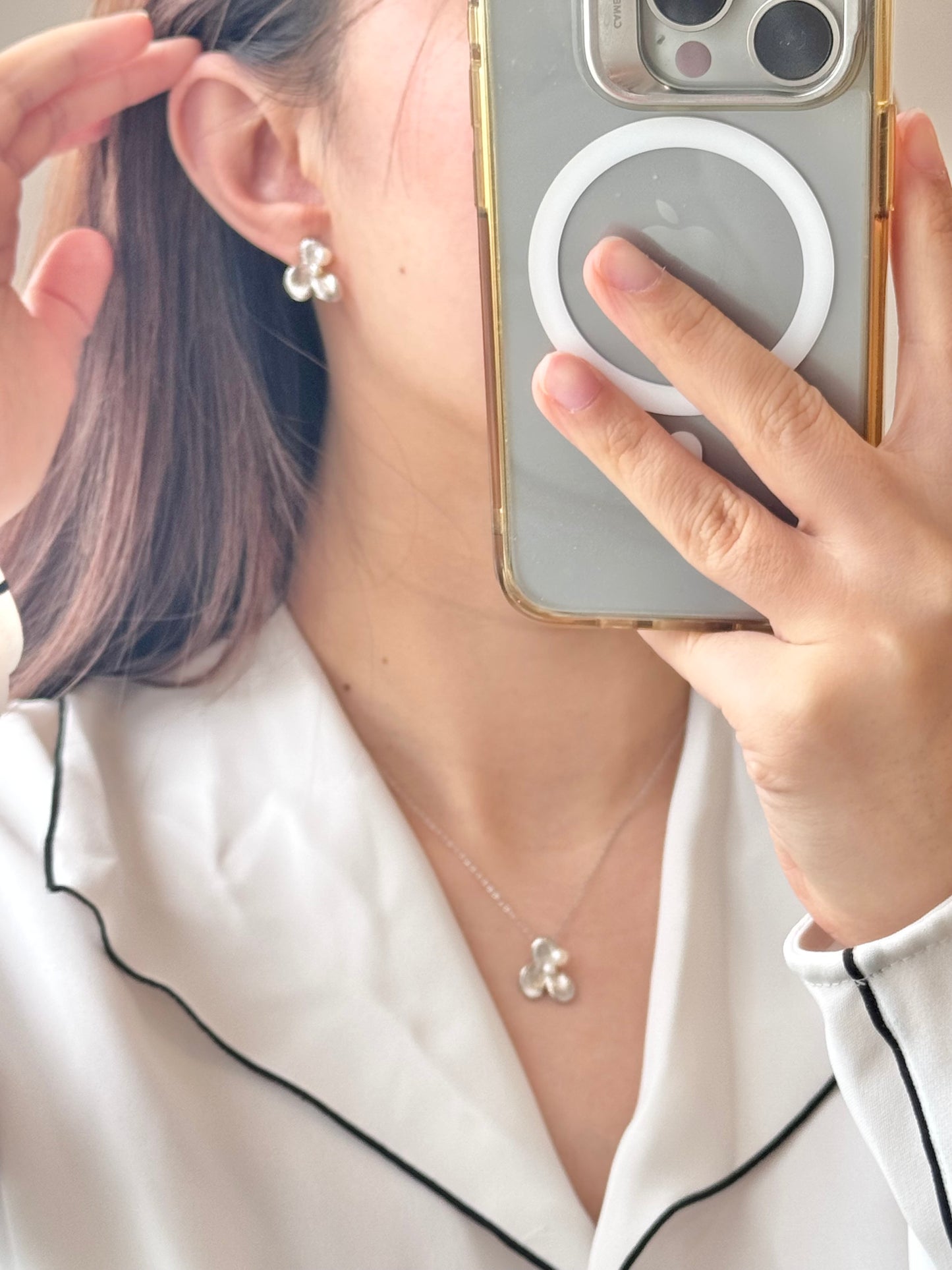 Silk-Drawn Petals Pearl Earrings, Silver Version