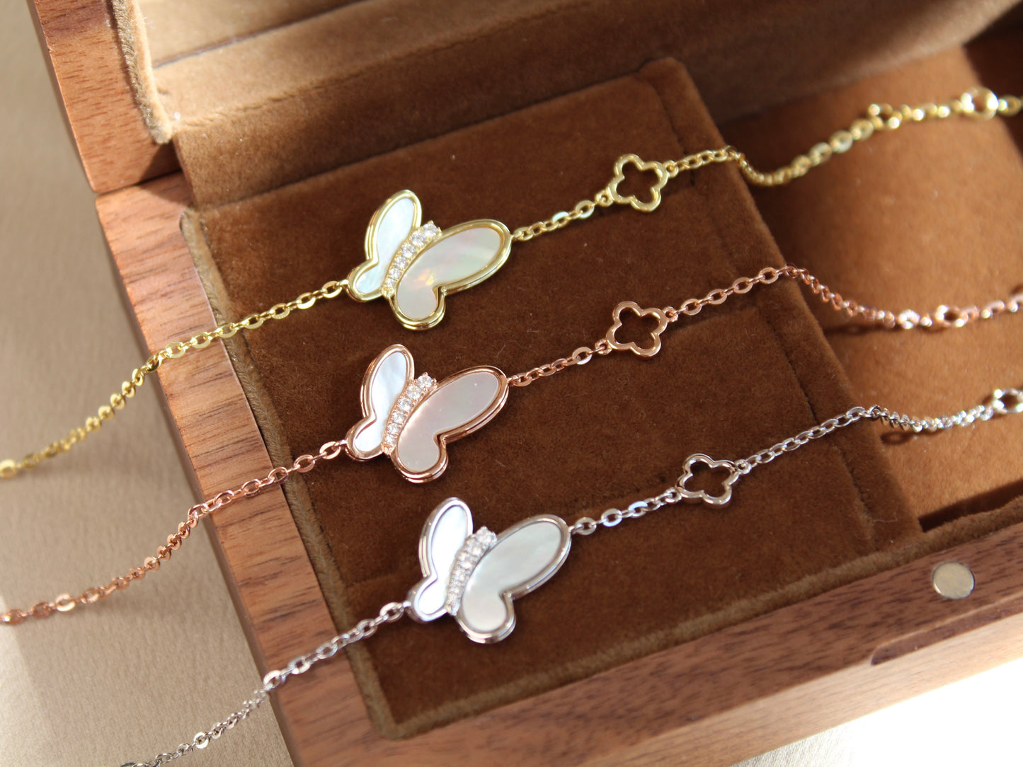 Butterfly Mother of Pearl Bracelet, Silver Color