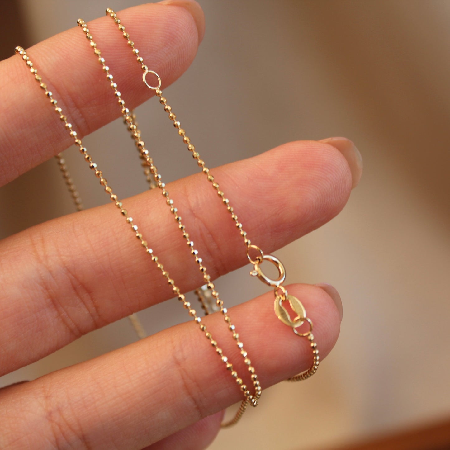 18K Solid Yellow Gold Plain Chain Necklace闪珠链