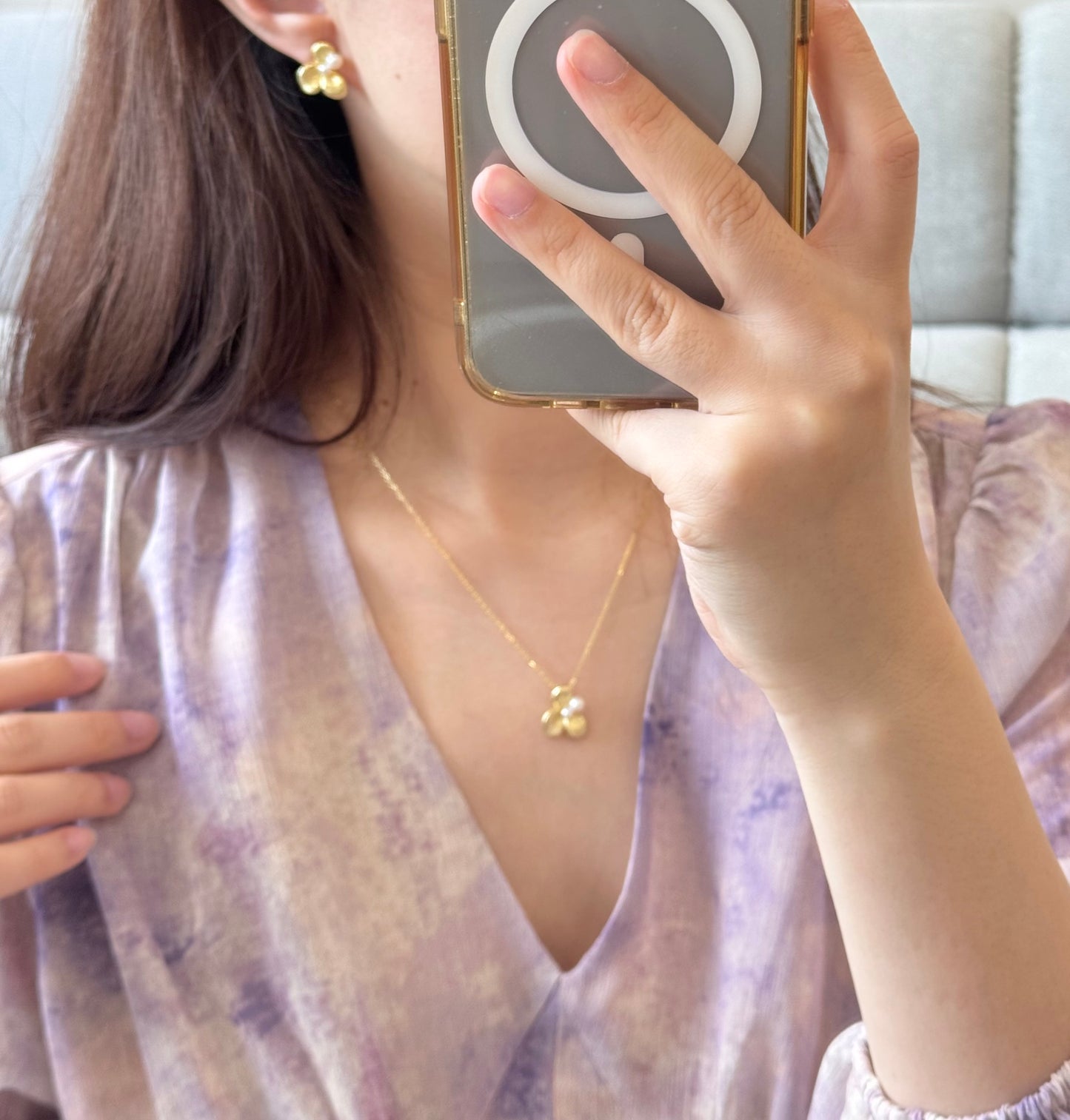 Silk-Drawn Petals Pearl Earrings, Gold Version