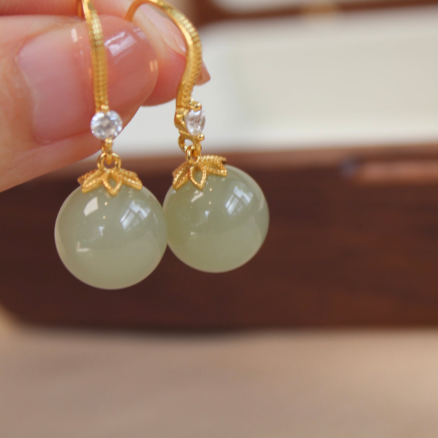 Quality Natural Light Green Jade Earrings, 12mm