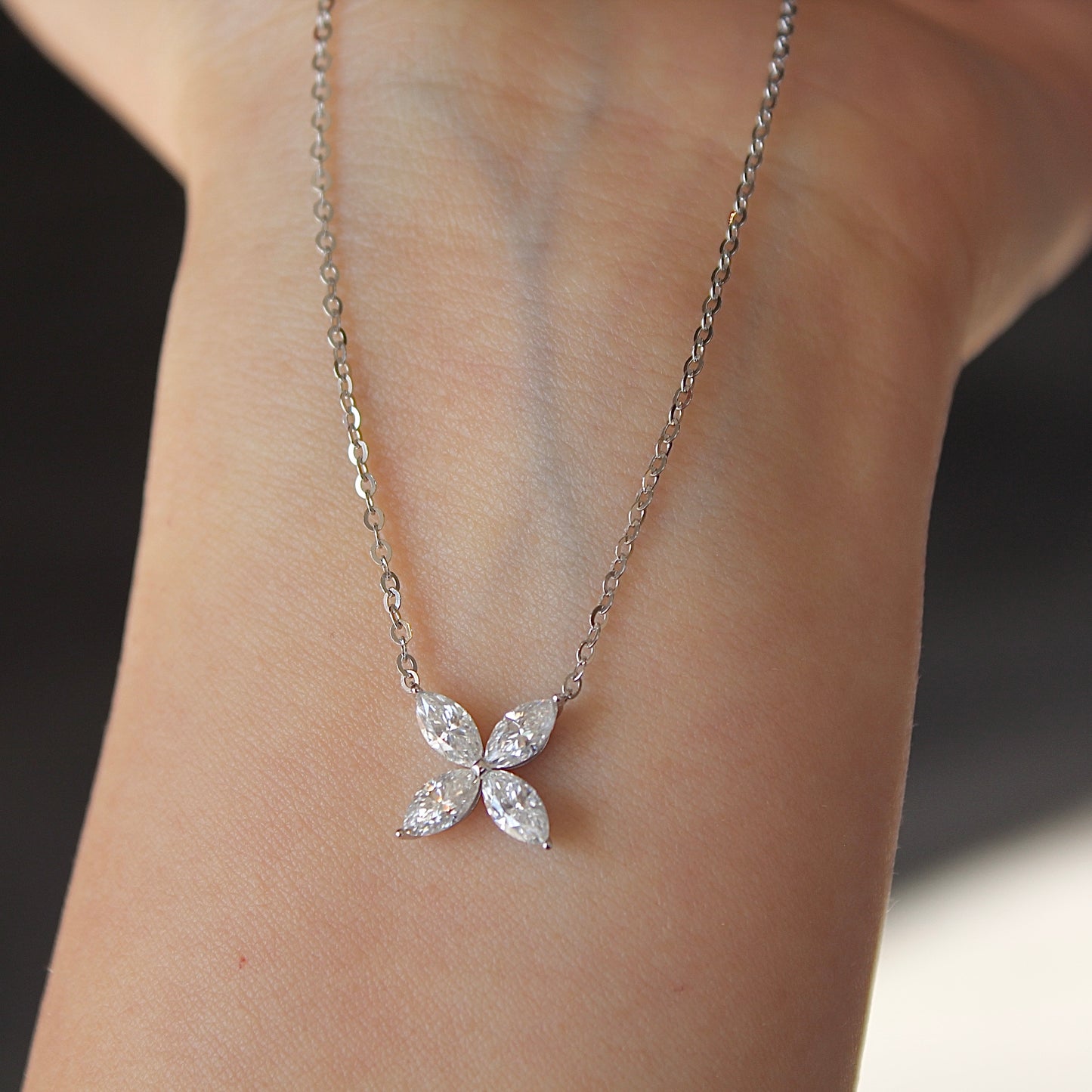 14K Solid White Gold Clover Necklace