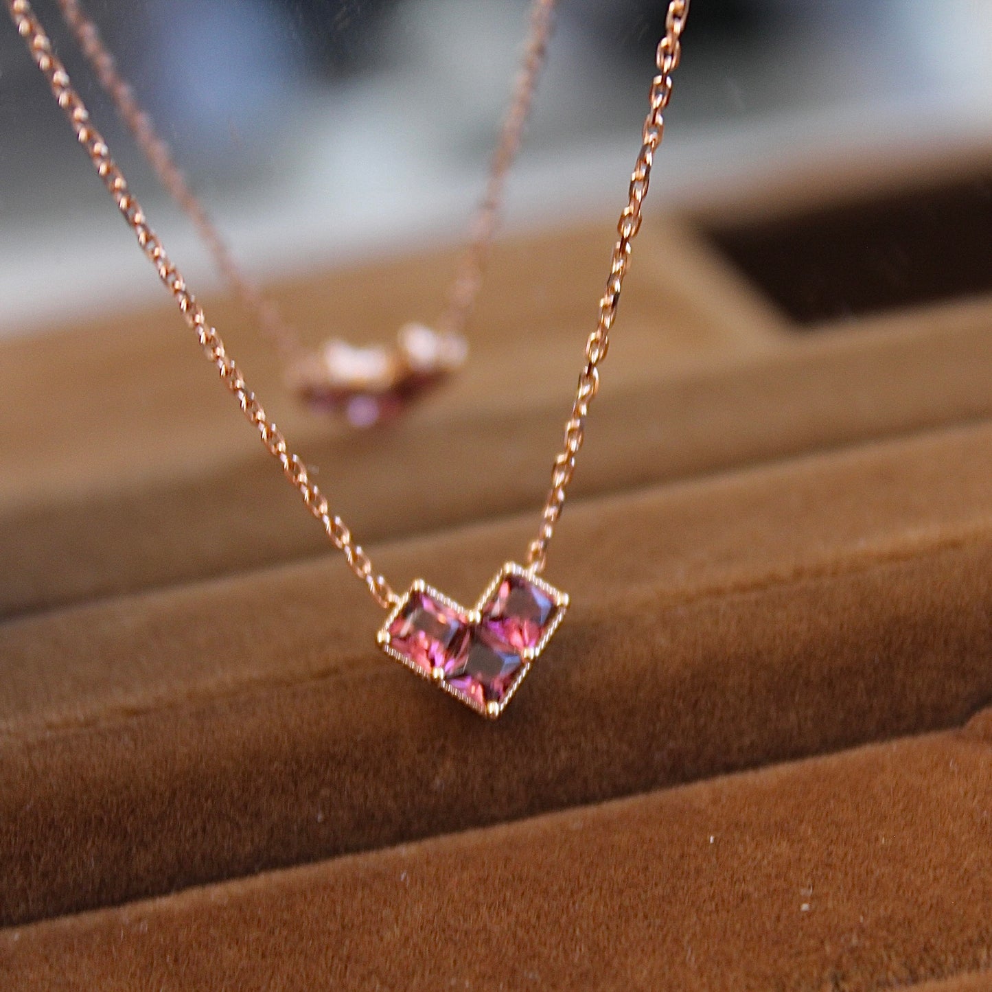 14K Solid Rose Gold Small Heart Necklace碧玺