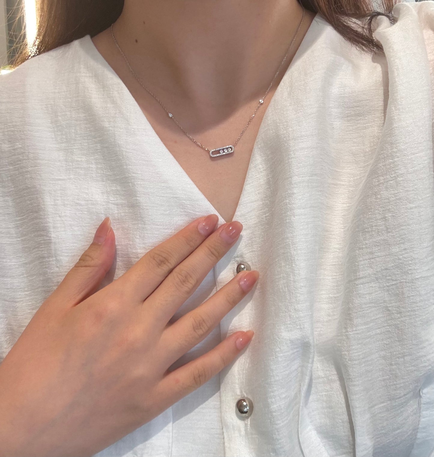 14K Solid White Gold Dancing Stones Necklace