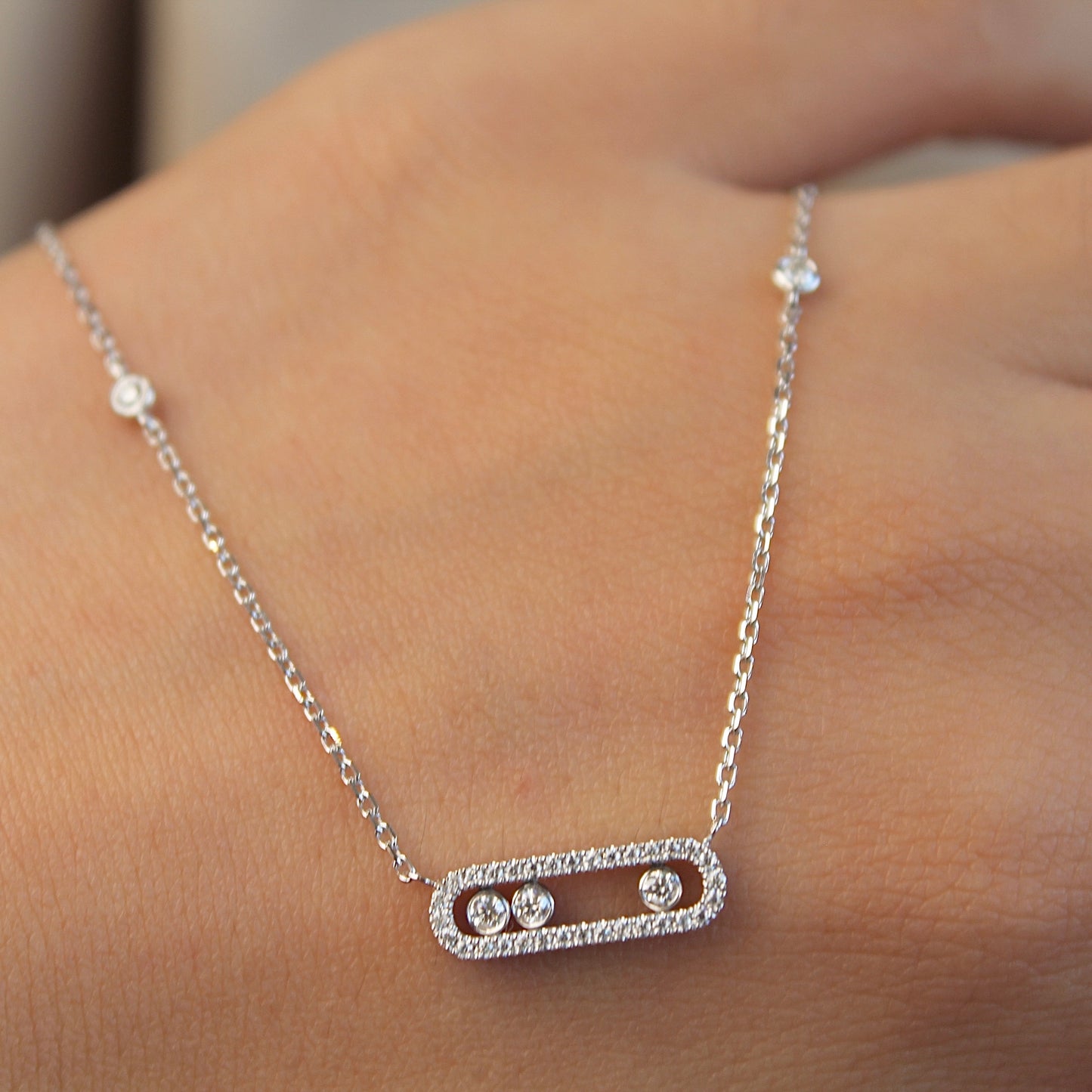 14K Solid White Gold Dancing Stones Necklace