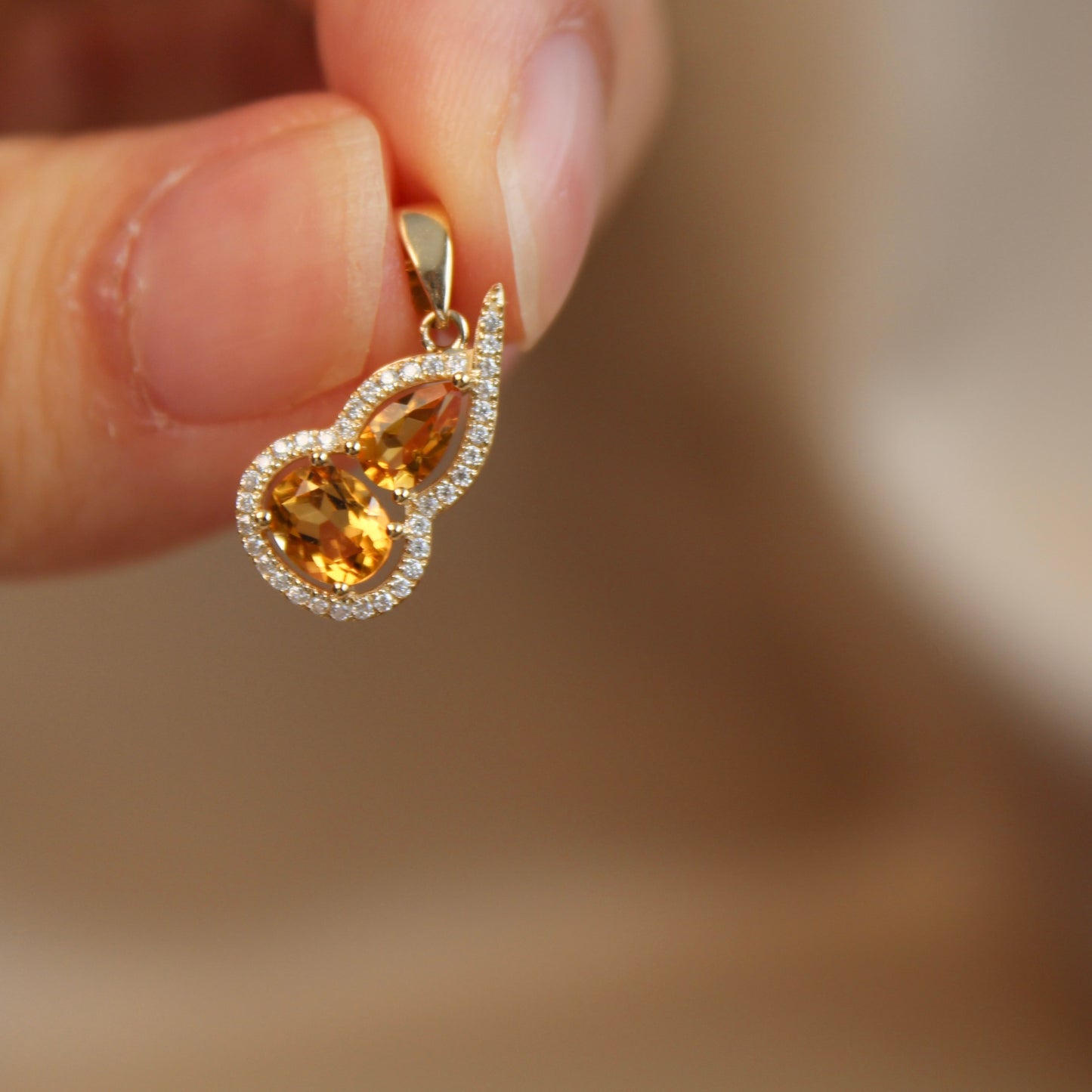 14K Solid Gold Natural Citrine Hulu Pendant