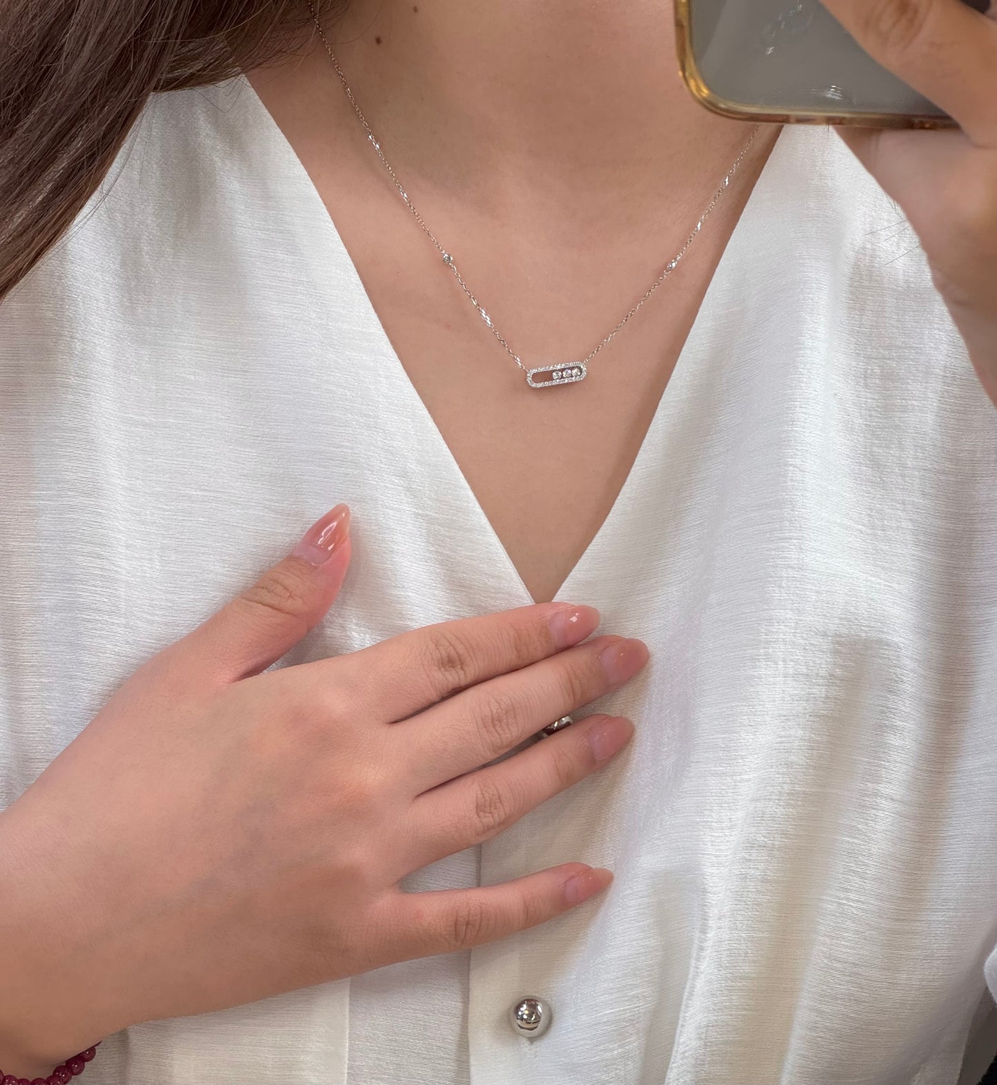 14K Solid White Gold Dancing Stones Necklace