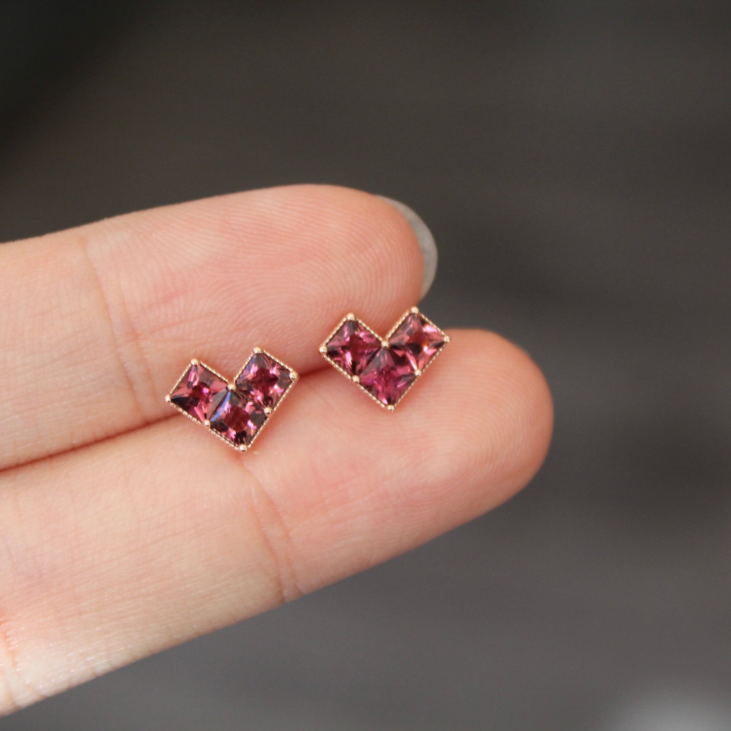 14K Solid Rose Gold Tourmaline Heart Earrings碧玺