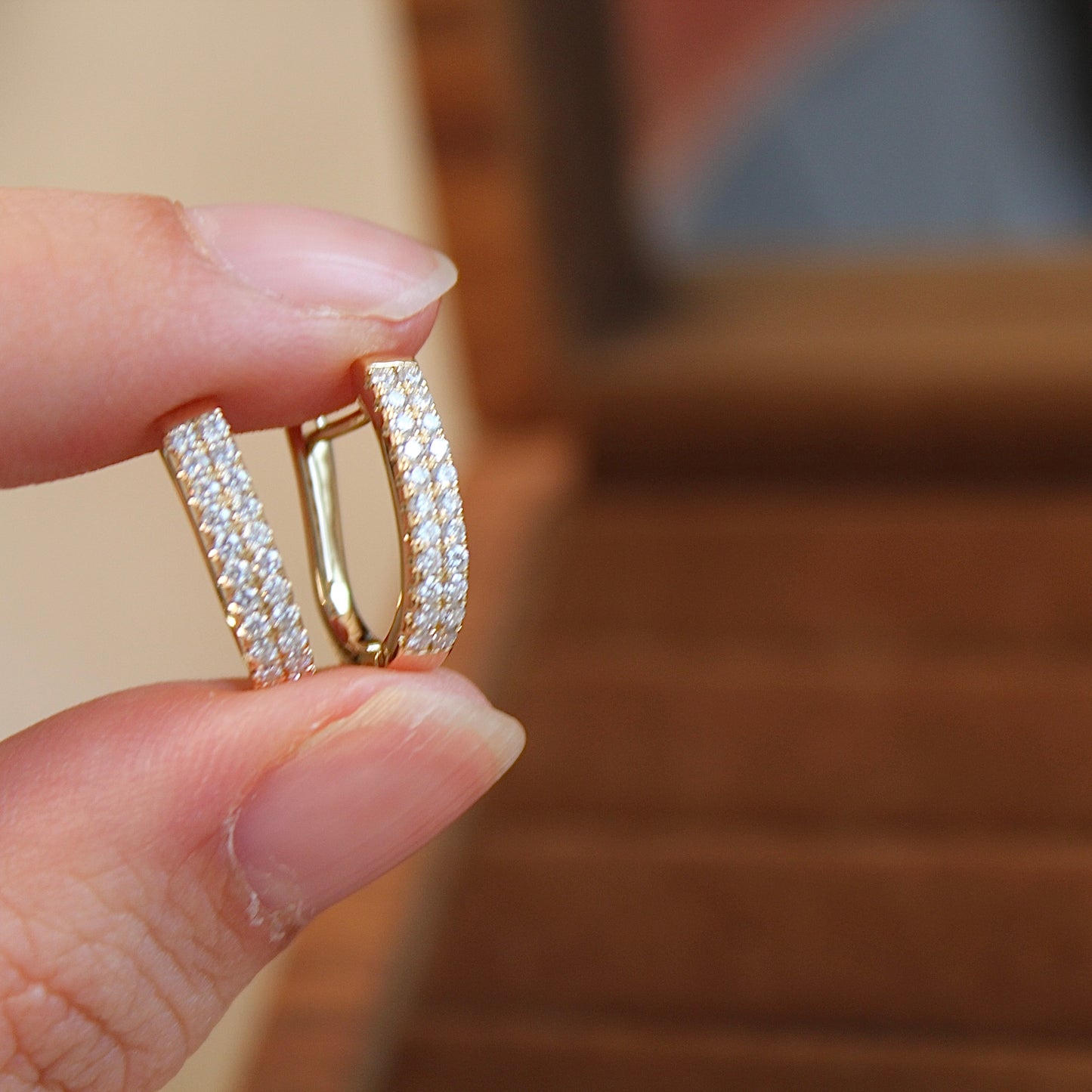 14K Solid Gold Double Row Pave Huggie Earrings