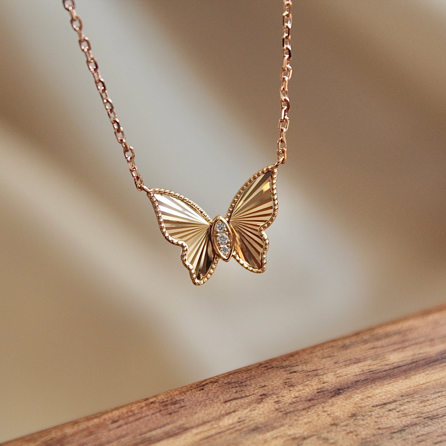 14K Solid Rose Gold Butterfly Necklace 车花工艺