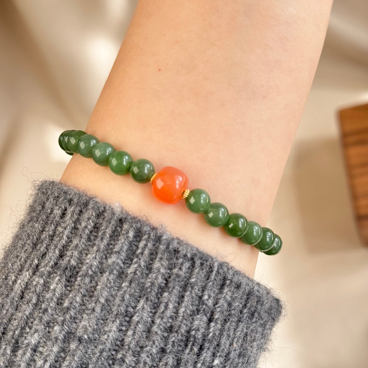 Natural Green Jade & South Red Agate Bracelet