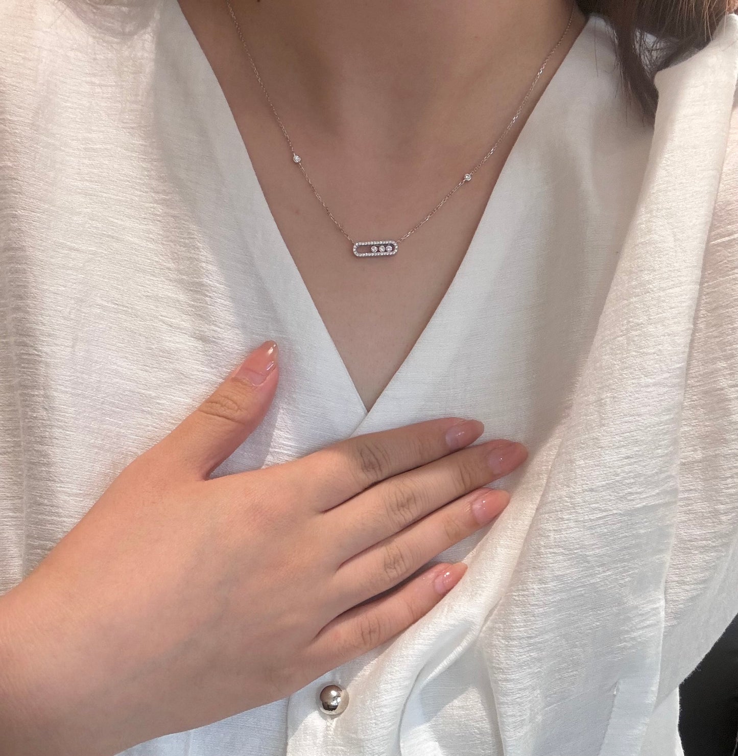 14K Solid White Gold Dancing Stones Necklace
