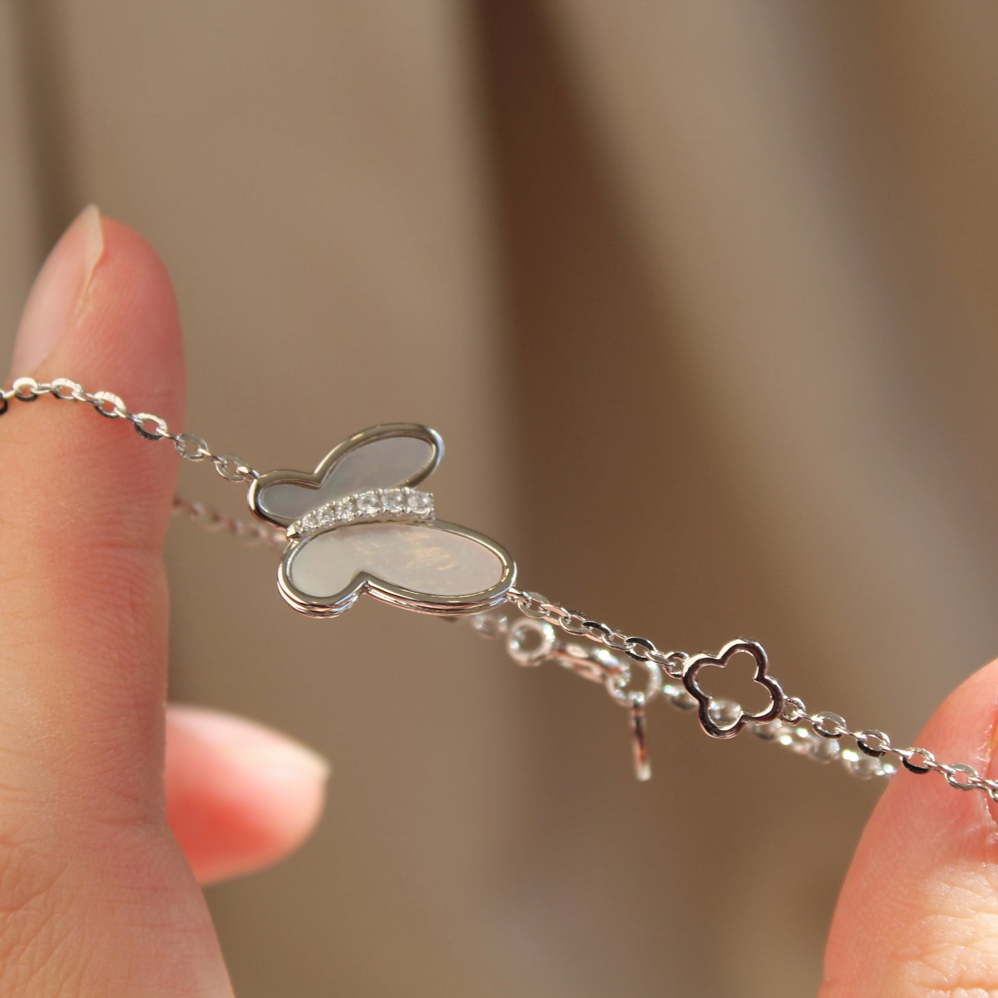 Butterfly Mother of Pearl Bracelet, Silver Color