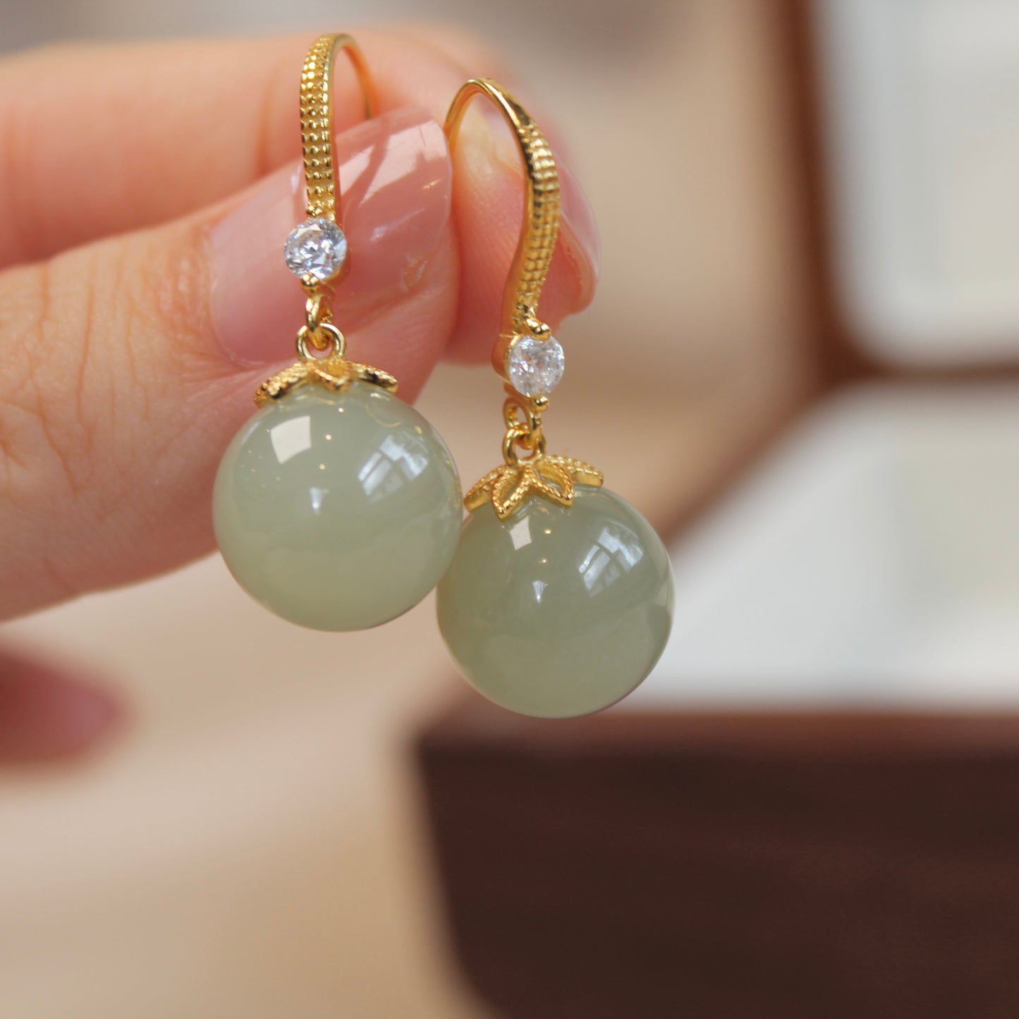 Quality Natural Light Green Jade Earrings, 12mm