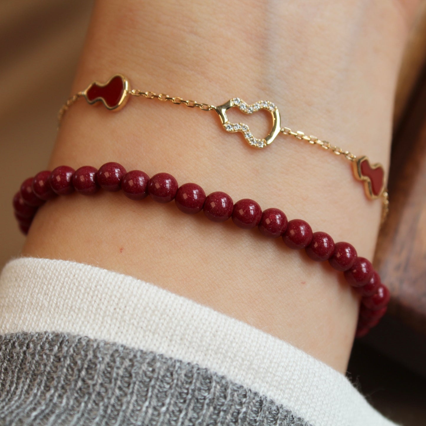 14K Solid Yellow Gold Five Hulu Bracelet五福临门