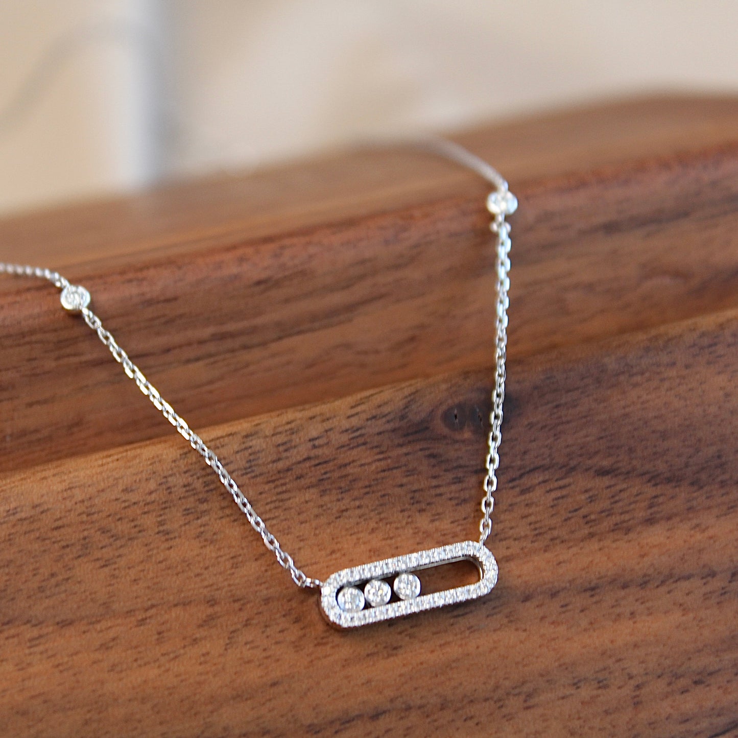 14K Solid White Gold Dancing Stones Necklace