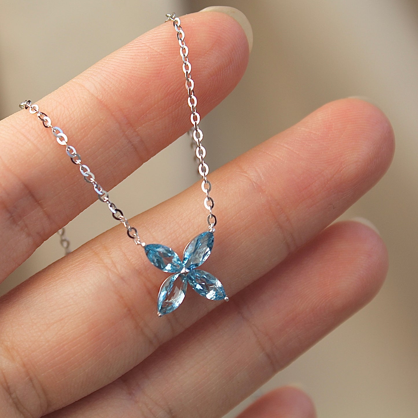 14K Solid White Gold Clover Necklace, Blue Topaz