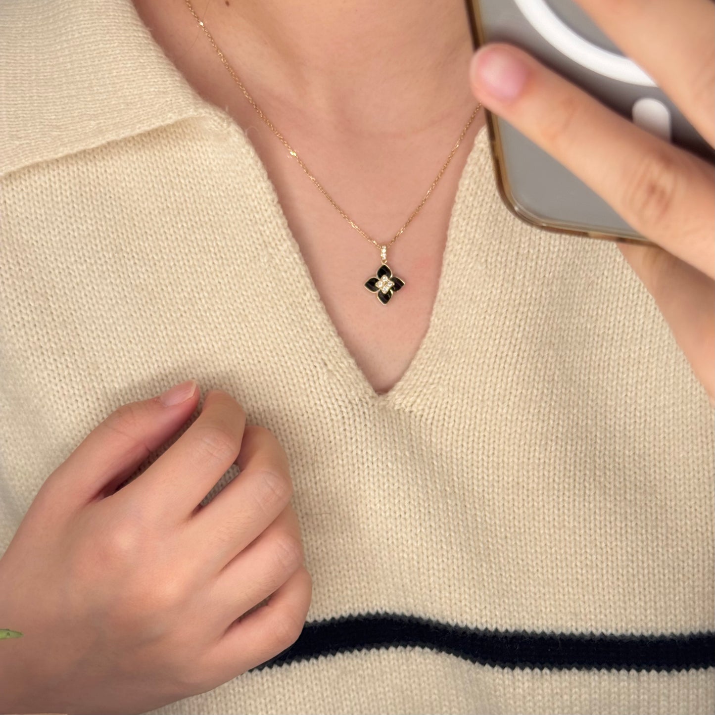 14K Solid Gold Black Onyx Clover Pendant