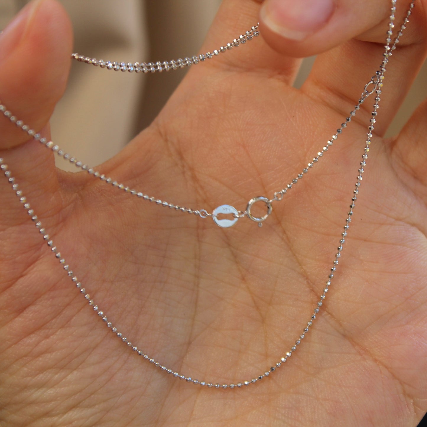14K Solid White Gold Plain Chain Necklace闪珠链