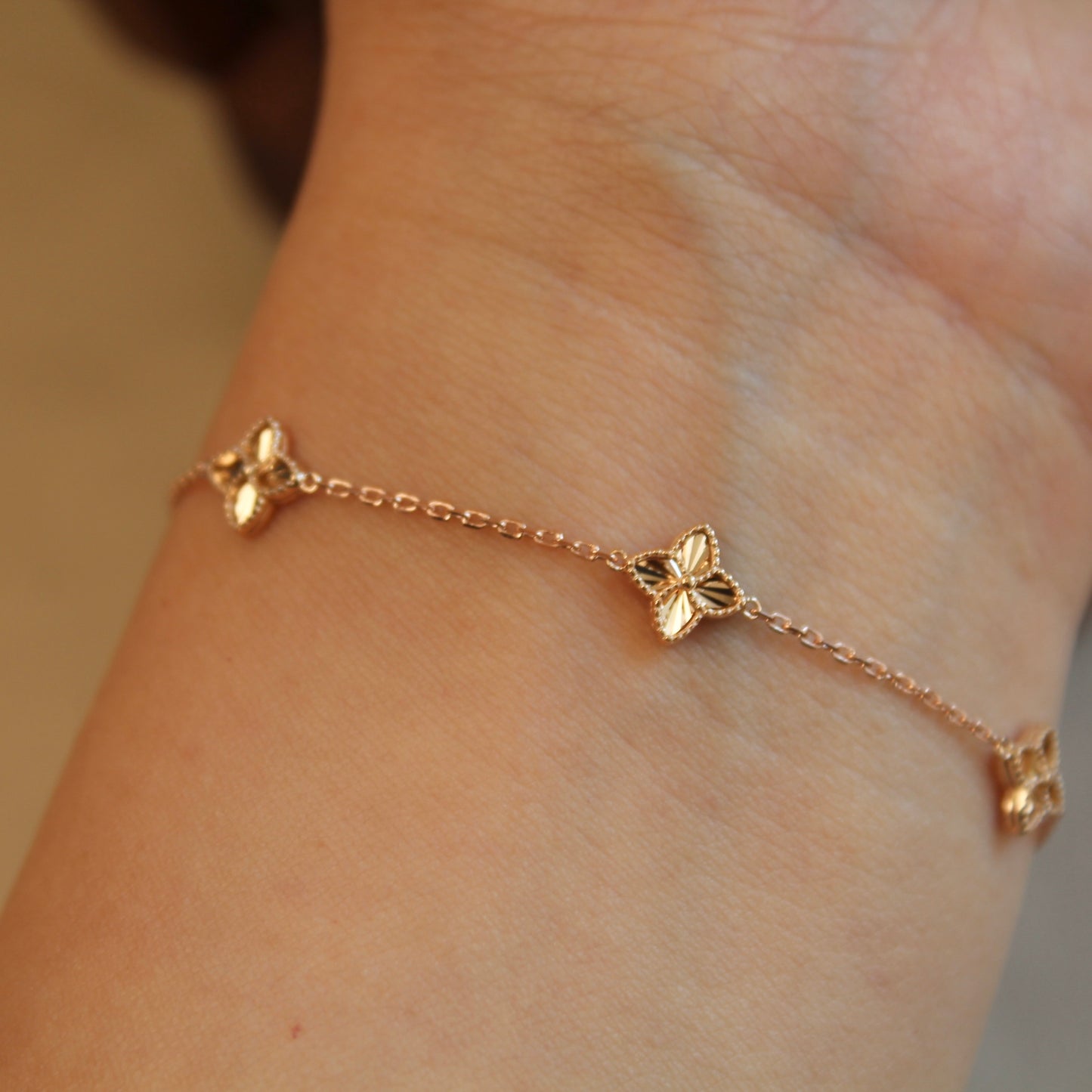 14K Solid Rose Gold Clover Bracelet 车花工艺