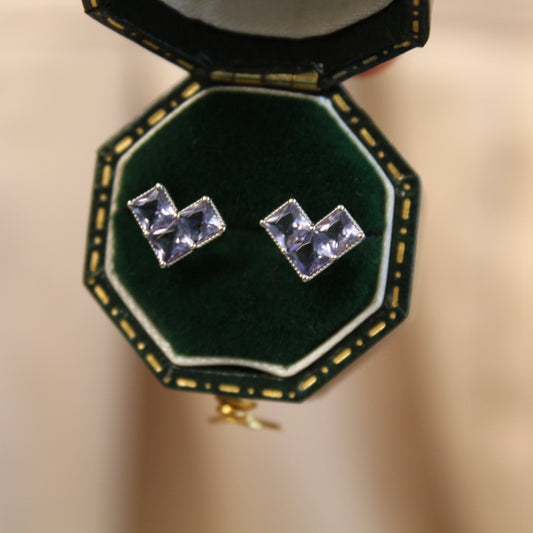 14K Solid White Gold Lolite Heart Earrings 堇青石