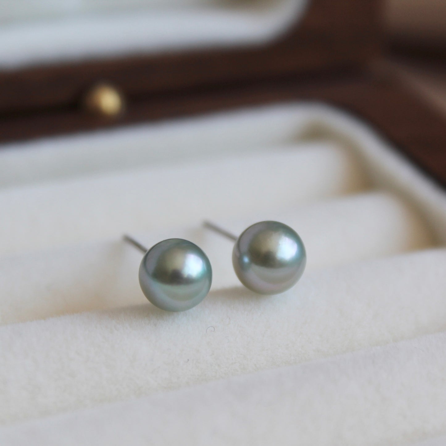 Blue-Grey Saltwater Pearl Earrings, Perfect Round