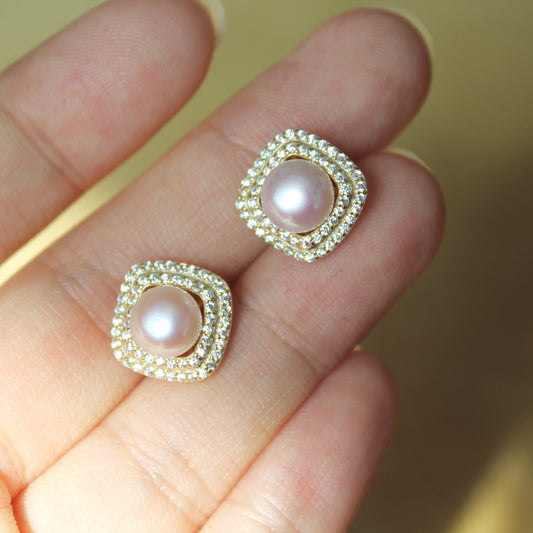 Square Sugar Pearl Earrings, Sterling Silver