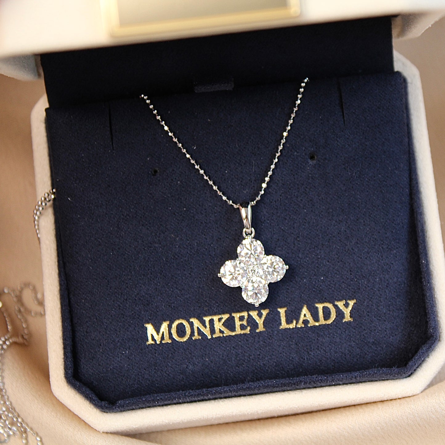 14K Solid White Gold Sparkling Clover Pendant