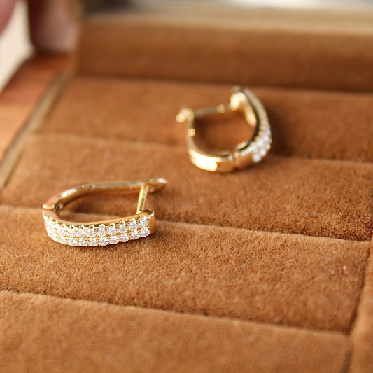 14K Solid Gold Double Row Pave Huggie Earrings