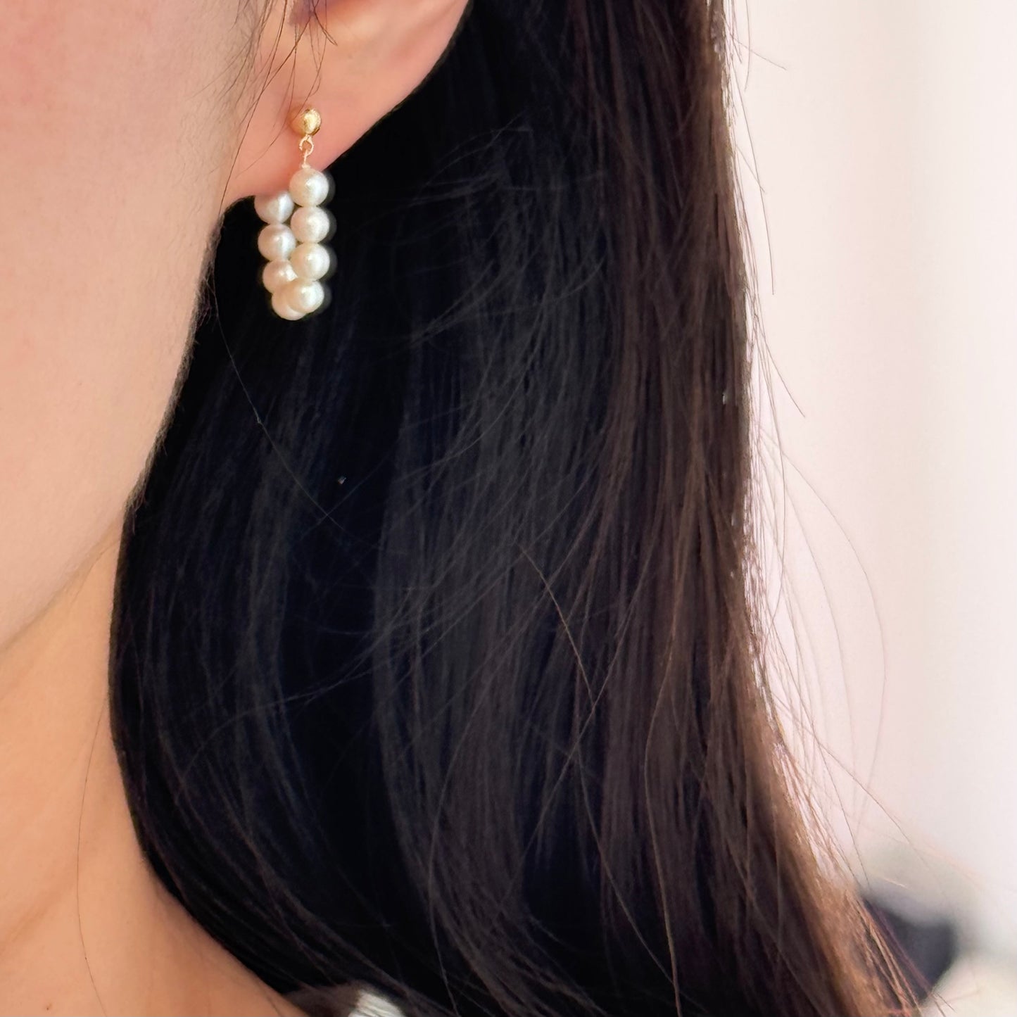 14K Solid Gold Round Pearl Hoop Earrings