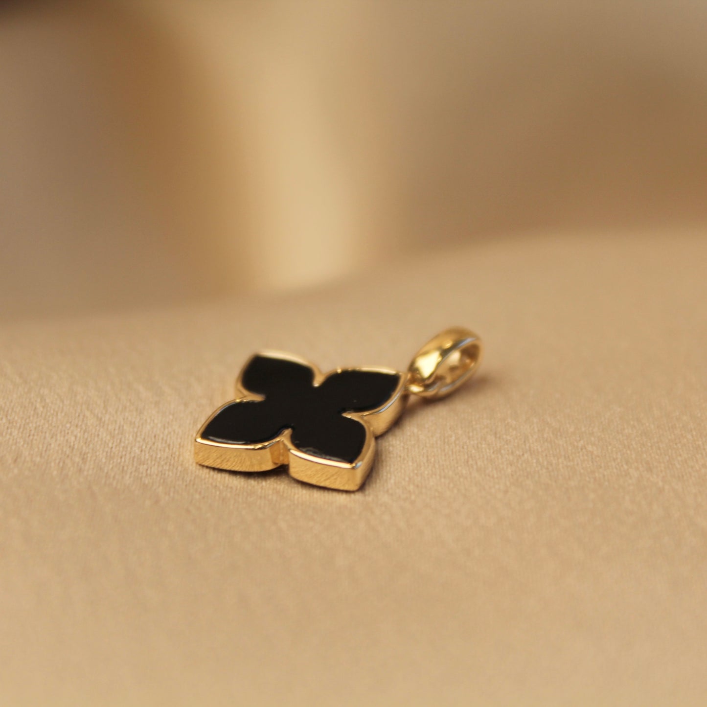 14K Solid Gold Black Onyx Clover Pendant