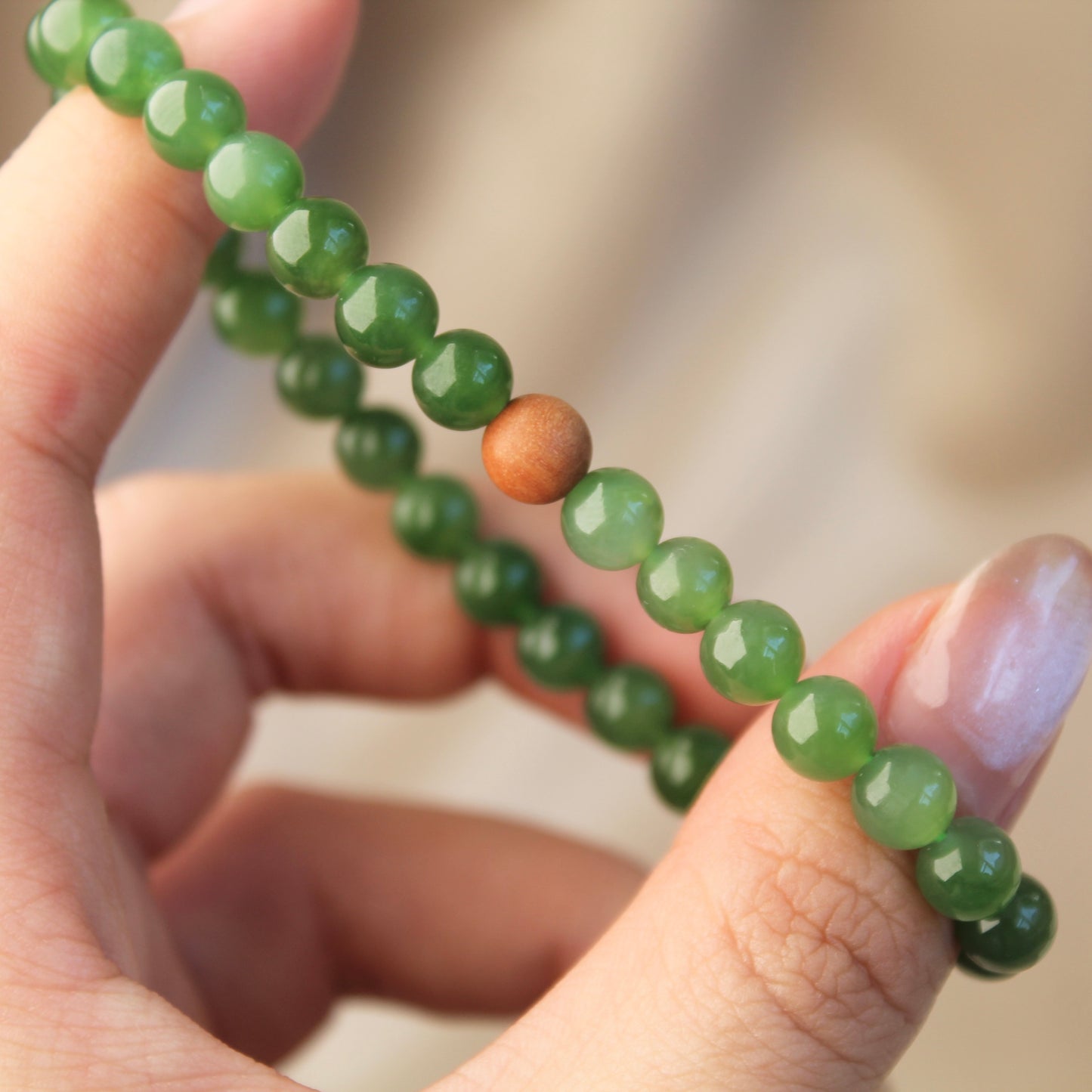 Sandalwood Natural Green Jade Beaded Bracelet, 6mm