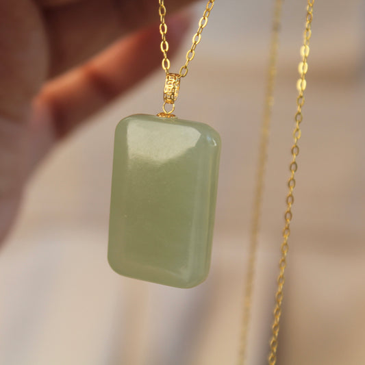 Lucky Rectangle Natural Jade Pendant Necklace