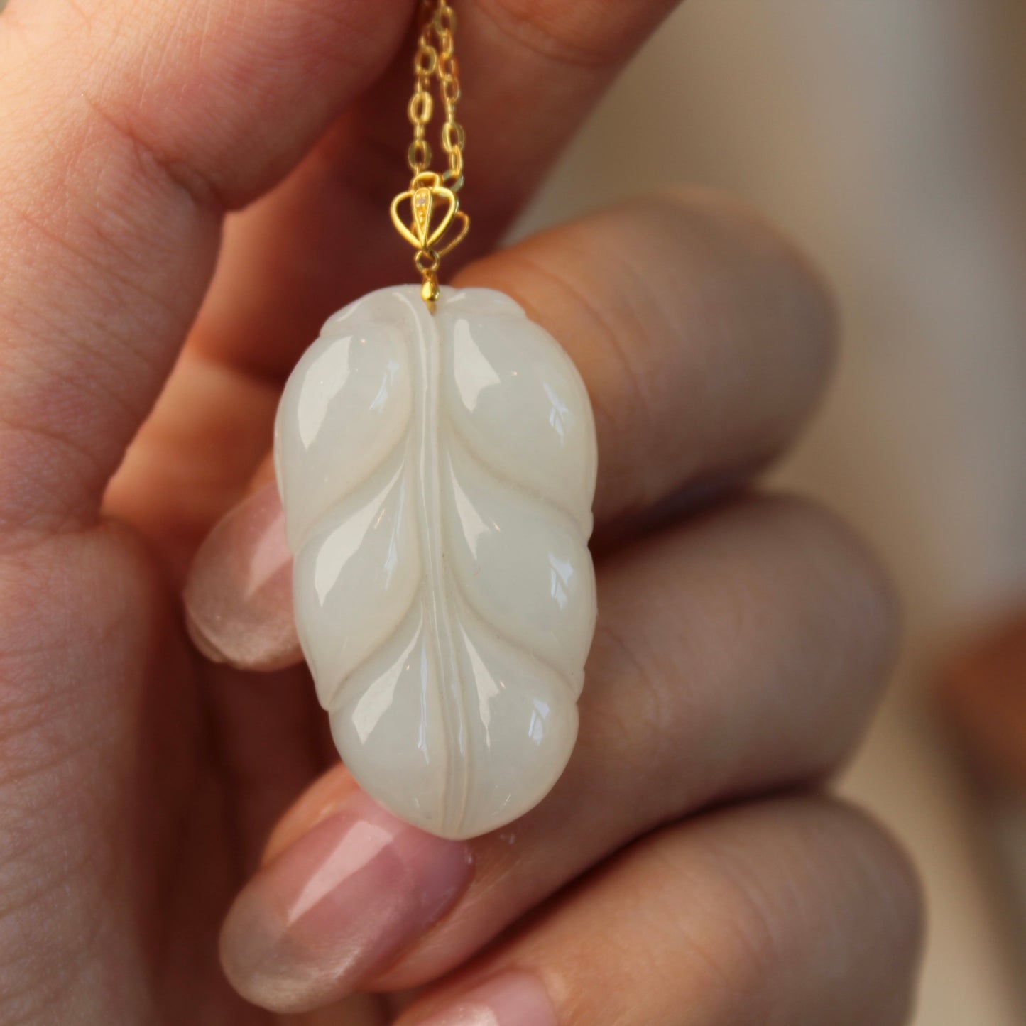 Engraved Leaf Natural Jade Pendant Necklace