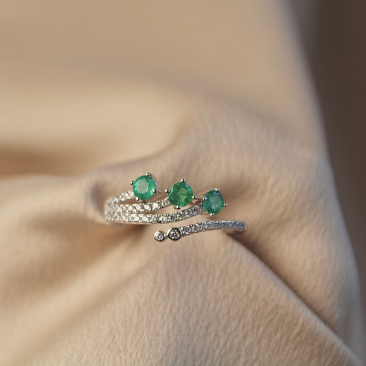 Three Dots Natural Emerald Adjustable Ring