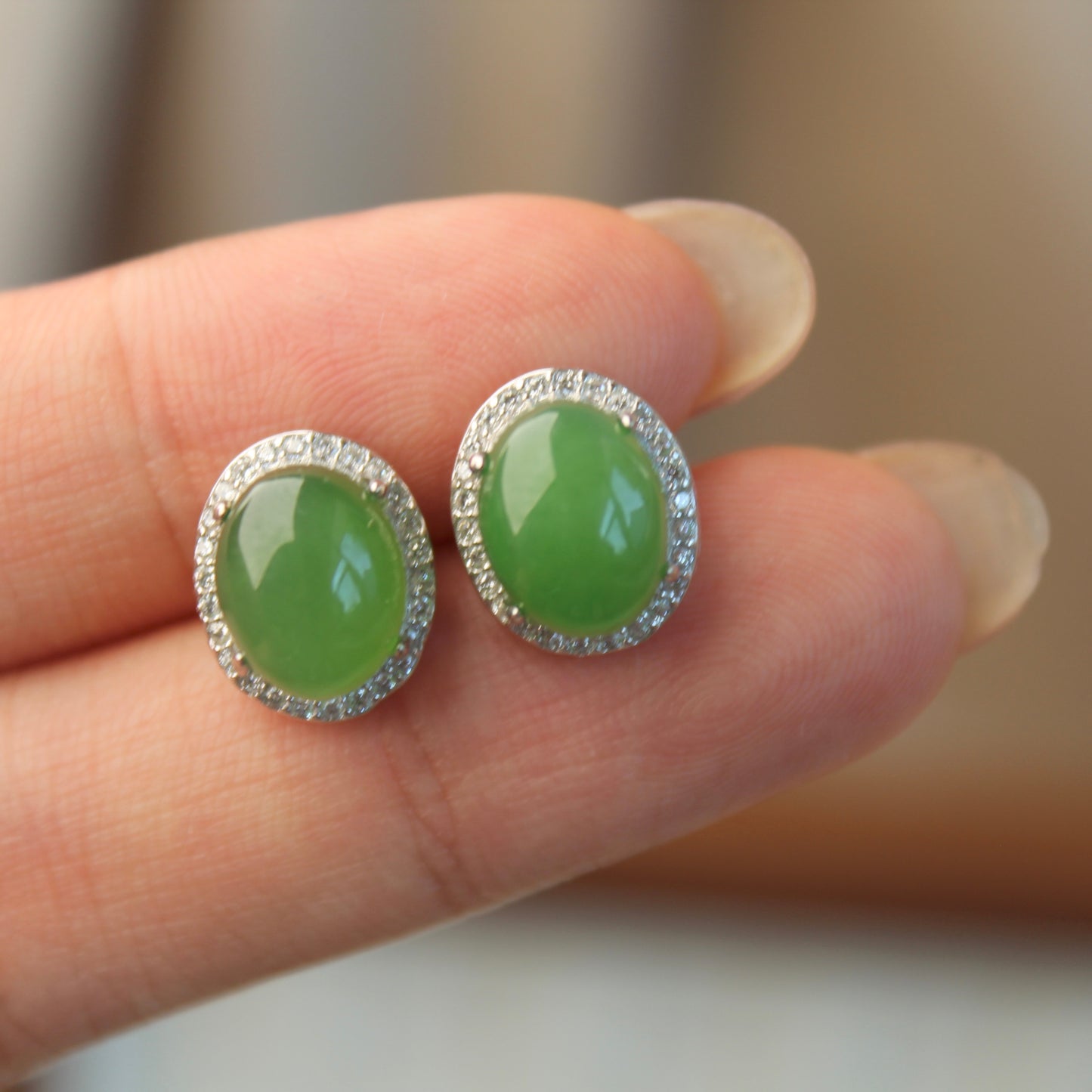 Oval Natural Green Jade Earrings