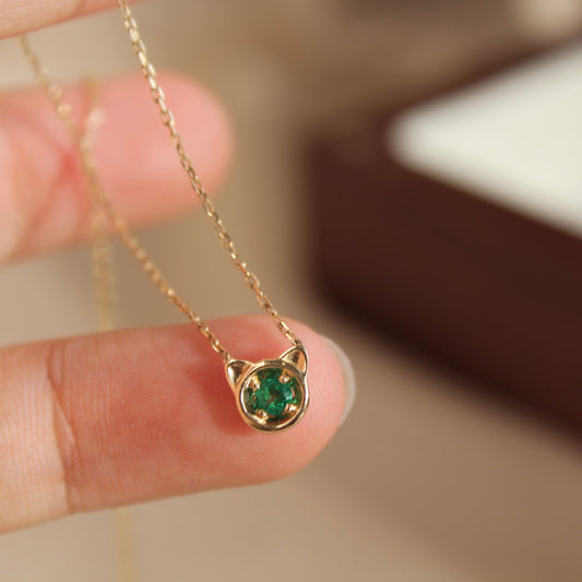 14K Solid Gold, Natural Emerald Cat Necklace