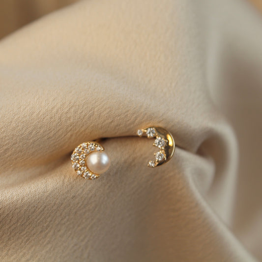 14K Solid Gold, Tiny Moon Pearl Earrings