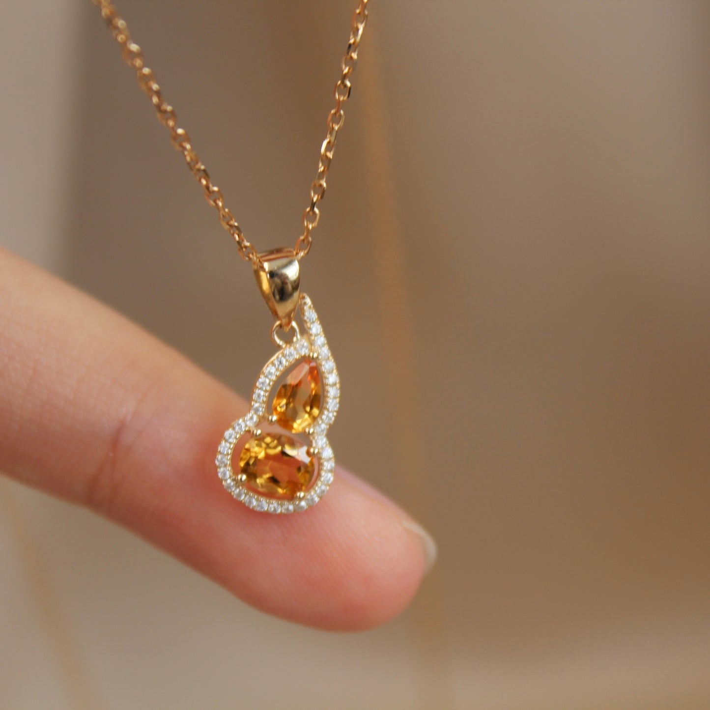 14K Solid Gold Natural Citrine Hulu Pendant