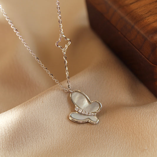 Butterfly Mother of Pearl Necklace, Silver Color