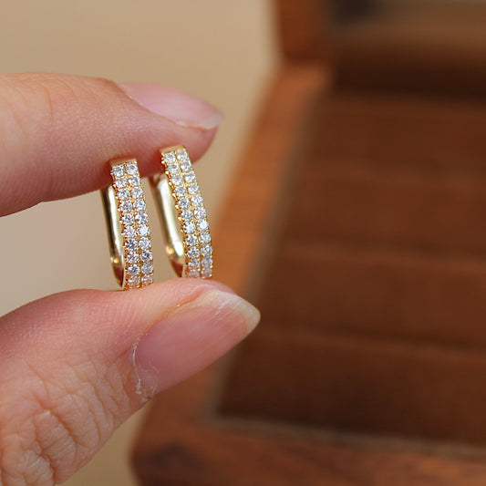 14K Solid Gold Double Row Pave Huggie Earrings