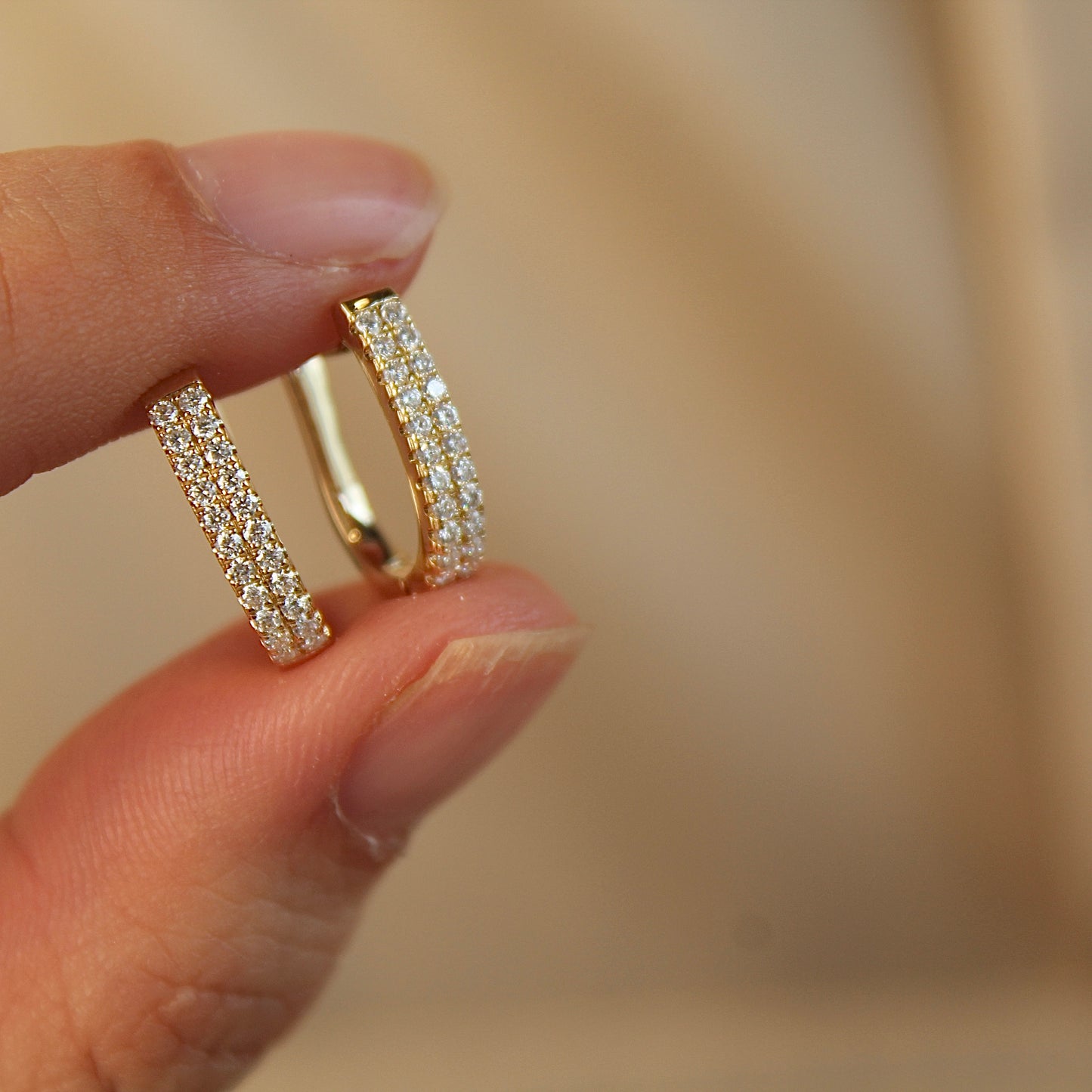 14K Solid Gold Double Row Pave Huggie Earrings