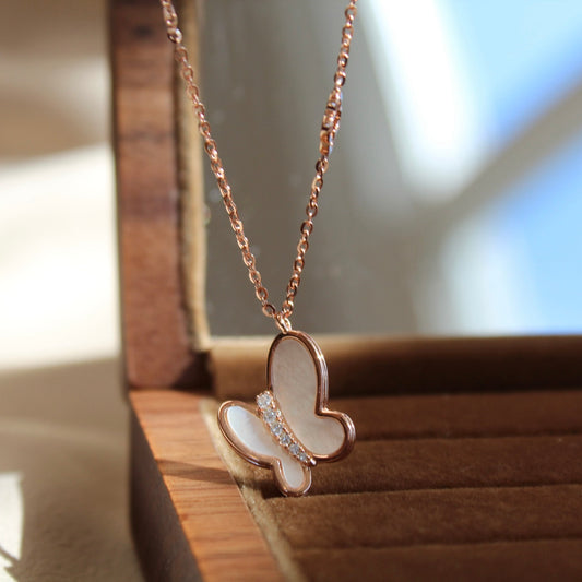 Butterfly Mother of Pearl Necklace, Rose Gold