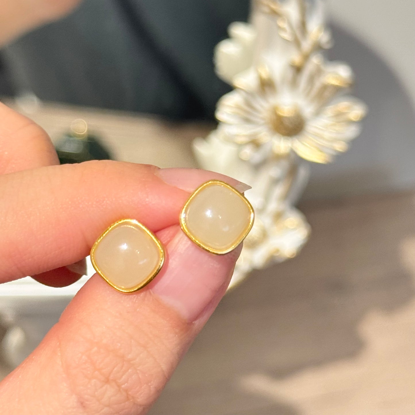 Square Natural White Jade Earrings, 8mm