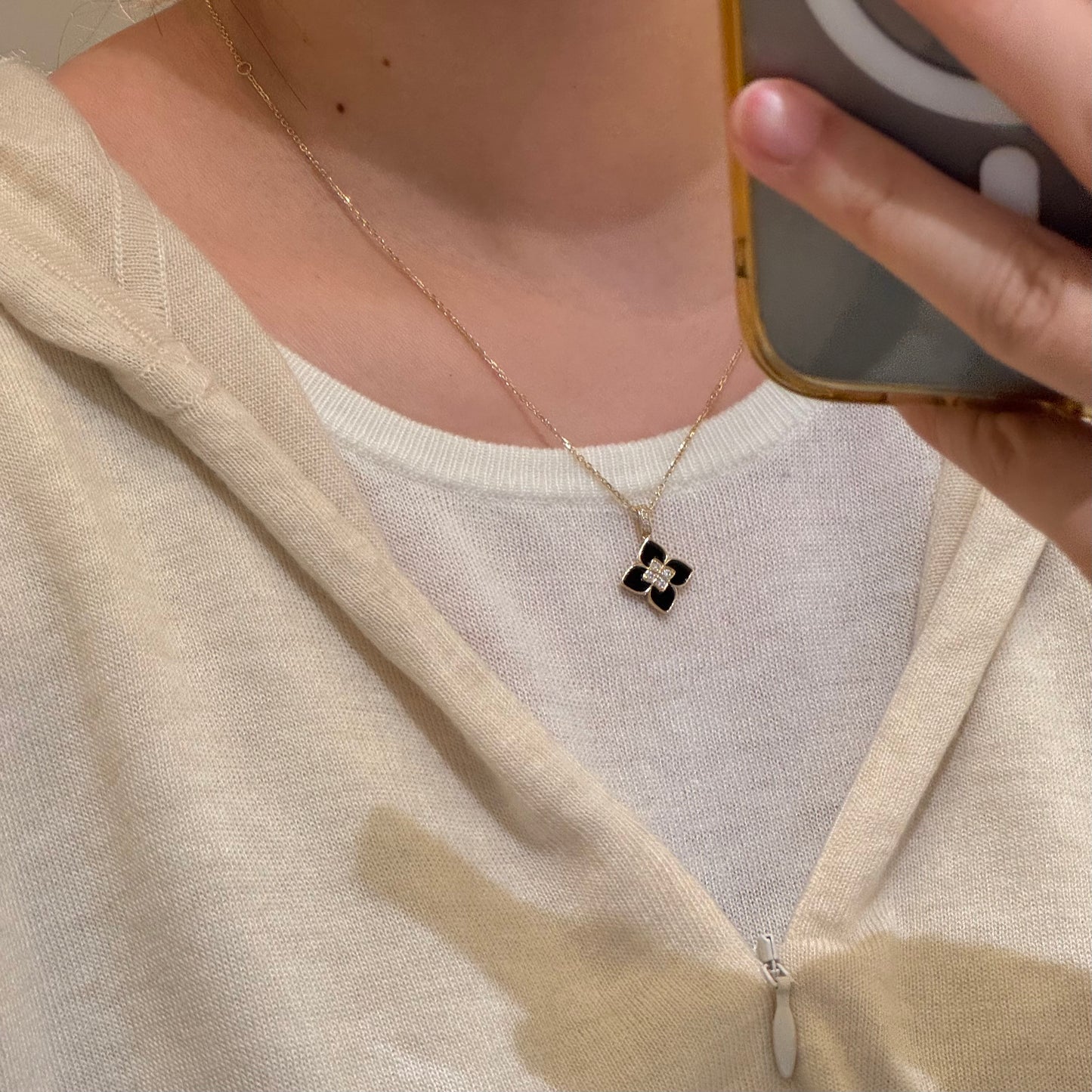 14K Solid Gold Black Onyx Clover Pendant