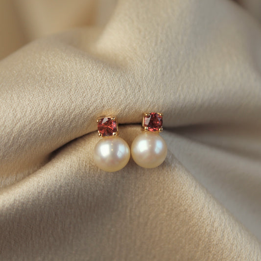 Garnet & Round Pearl Stud Earrings