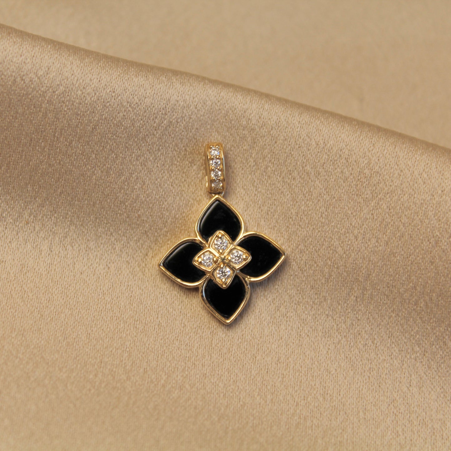 14K Solid Gold Black Onyx Clover Pendant