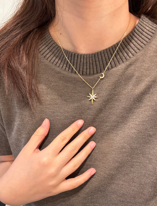 Compass with Moon Moissanite Necklace